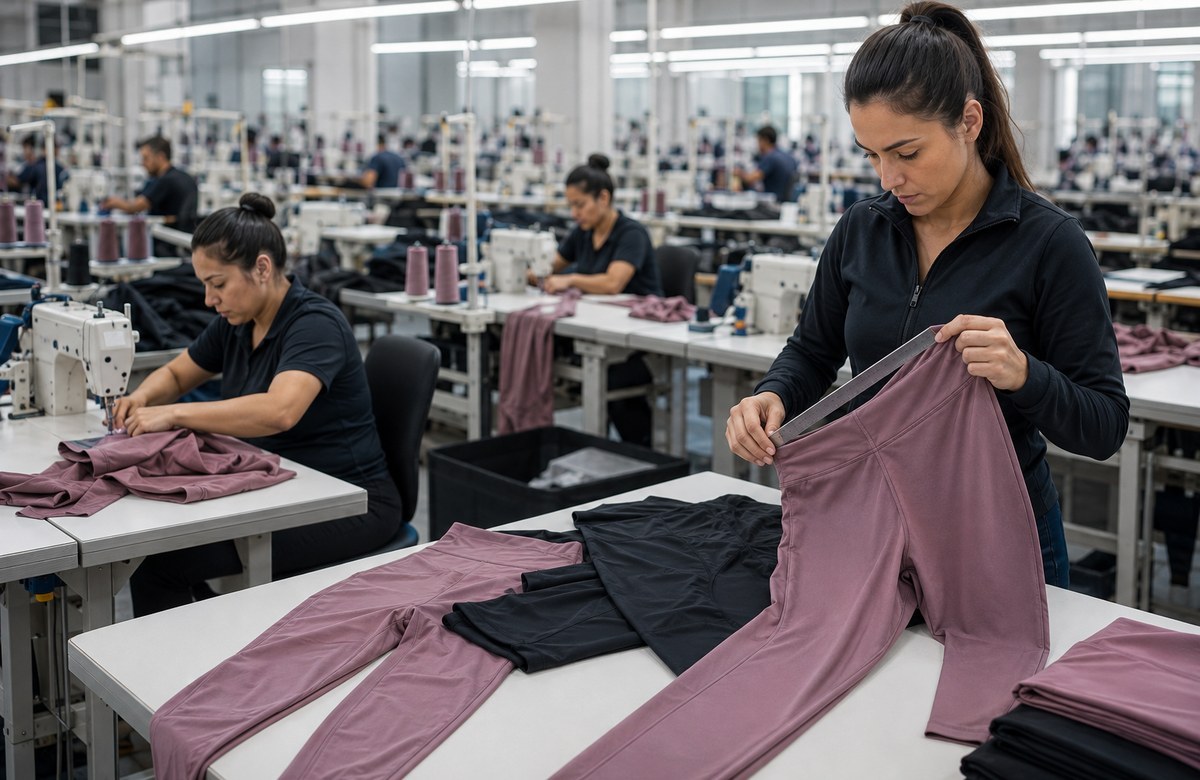 Activewear production team sewing stretch garments while a quality inspector measures finished leggings
