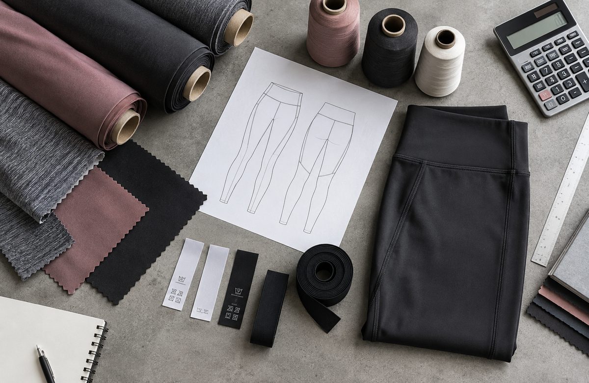Performance fabrics thread elastic labels and a legging sample arranged for activewear cost planning
