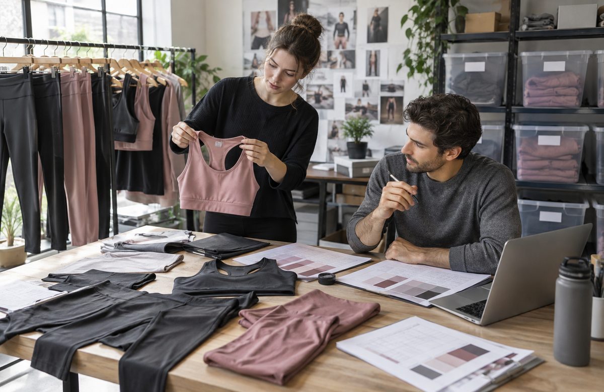 Small activewear startup team planning styles colors sizes and inventory for a first production order