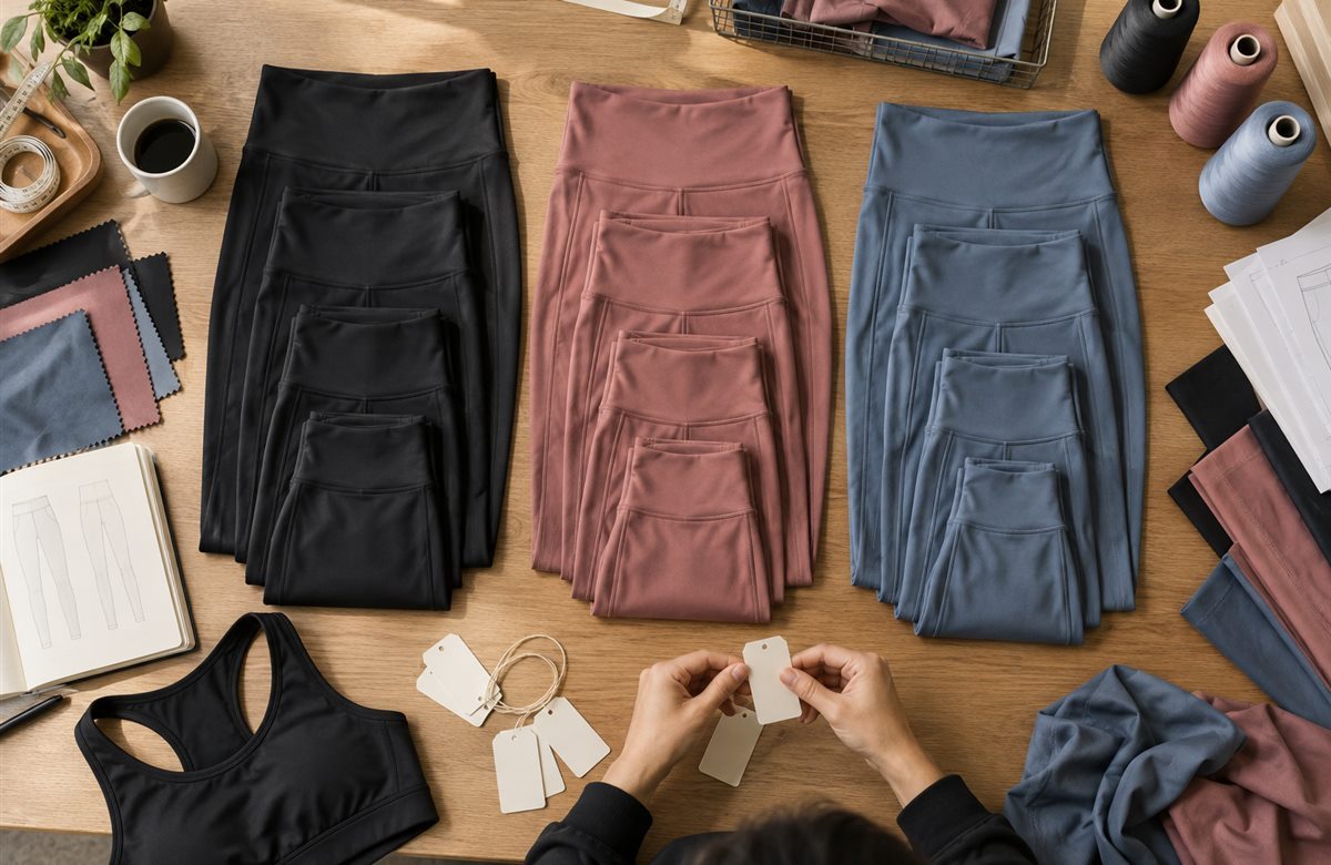 Three activewear color groups organized into different sizes on an apparel development table