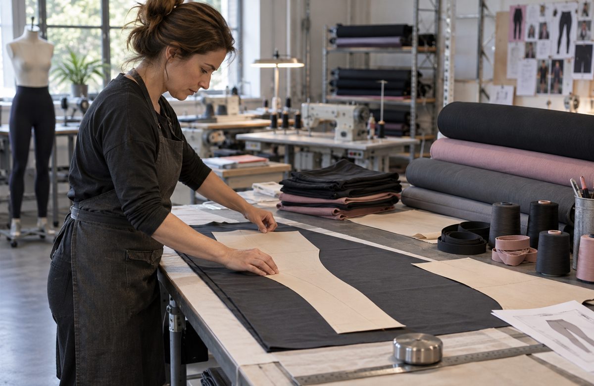 Garment technician aligning a leggings pattern over performance fabric before cutting