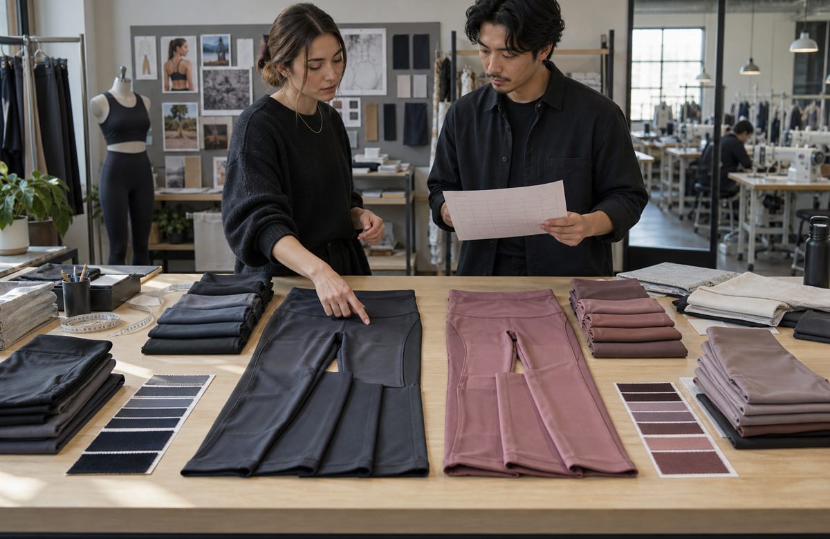 Activewear professionals grouping different legging styles colors and sizes for MOQ planning