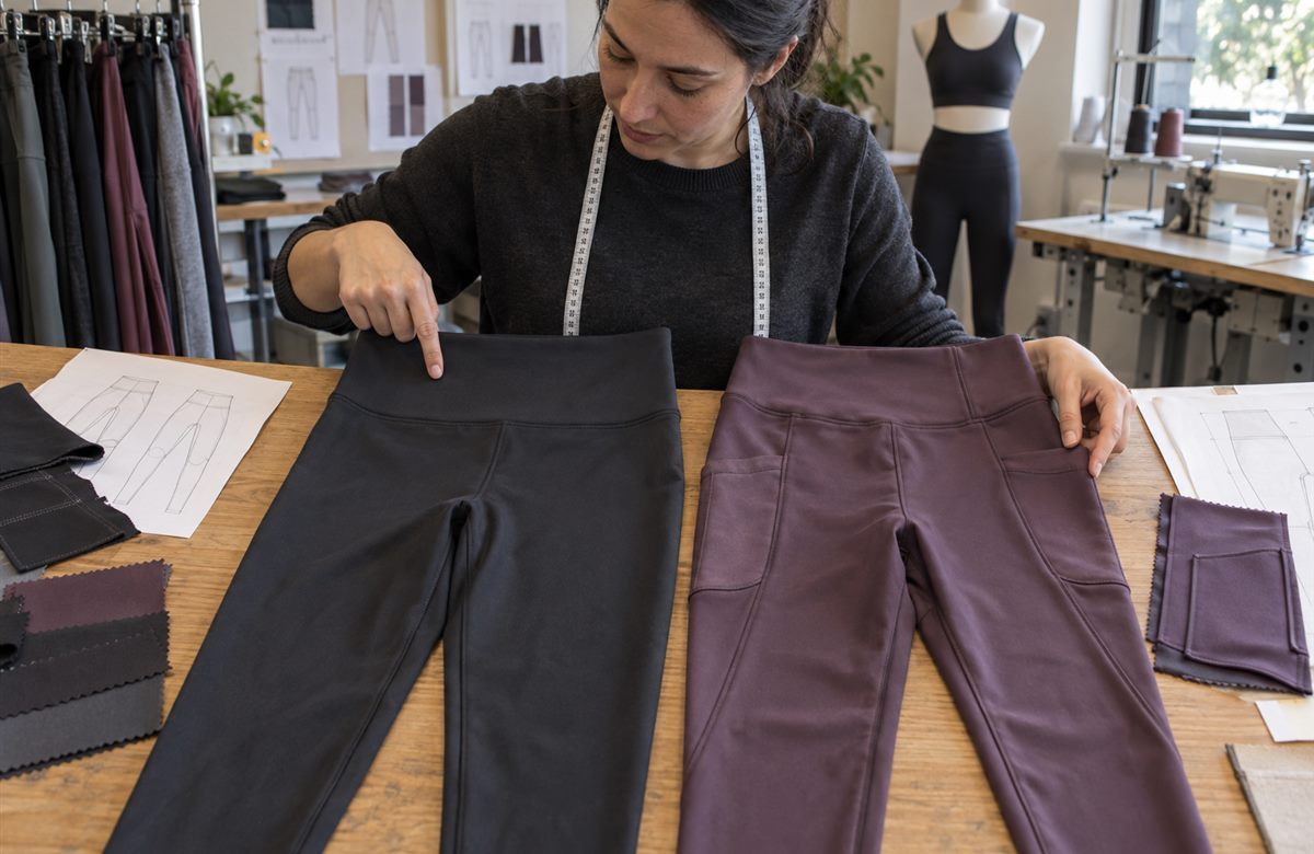 Garment developer comparing different waistband and pocket constructions on two leggings styles