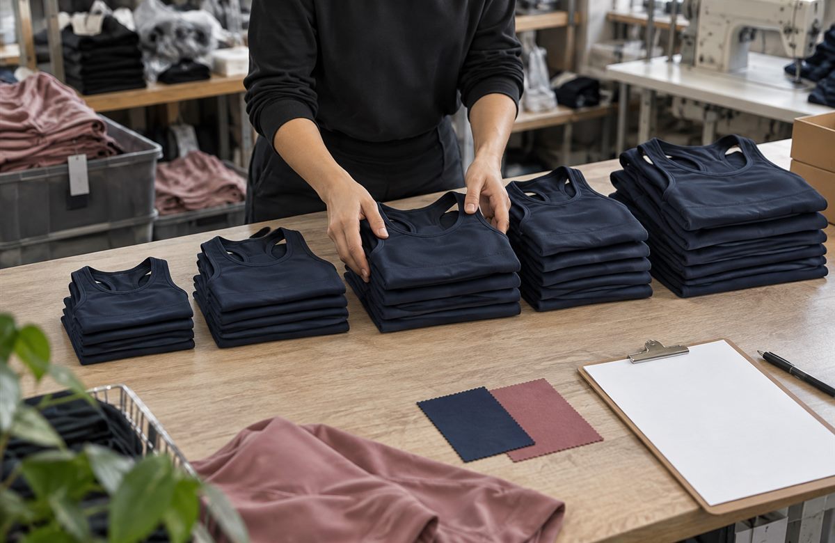Identical activewear tops arranged in proportional stacks for size ratio planning