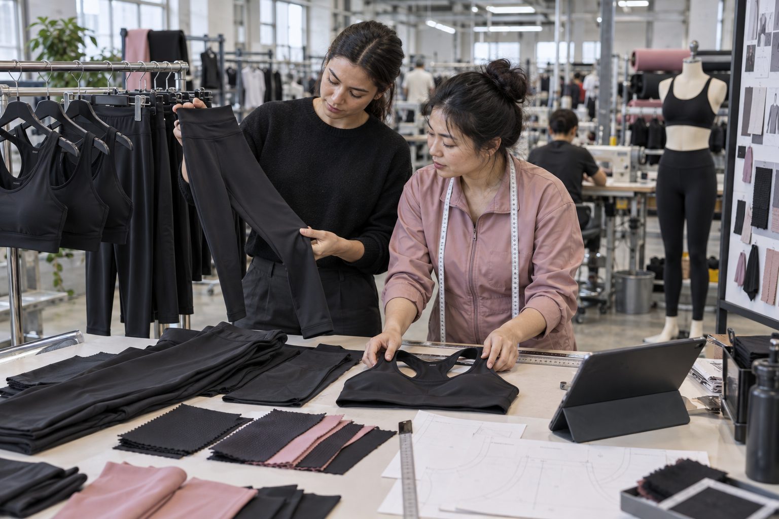 Activewear production planner and apparel technician reviewing leggings, sports bras, patterns and fabric swatches in a garment factory