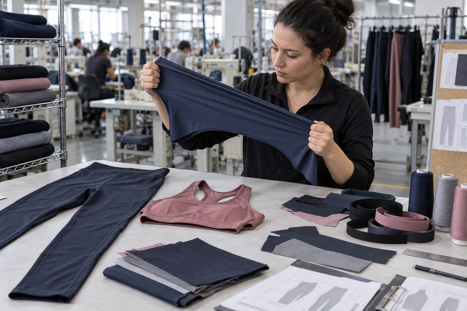 Activewear technician checking the stretch of performance fabric beside leggings, a sports bra, trims and pattern pieces