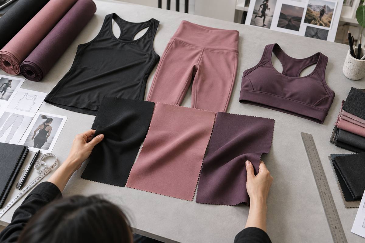 Activewear developer comparing knit swatches beside a running top, leggings and sports bra