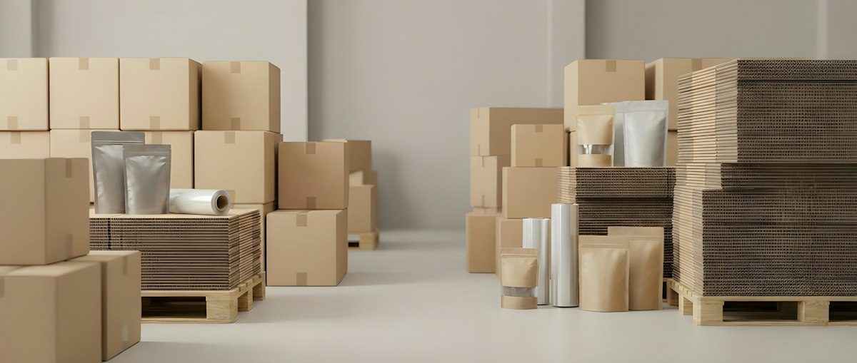 Cardboard cartons and packaging supplies in a warehouse