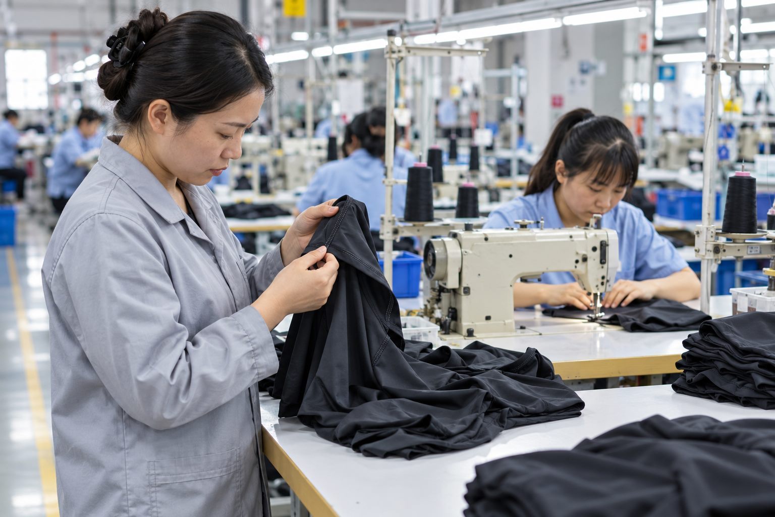 Inspector checking a garment seam during activewear production