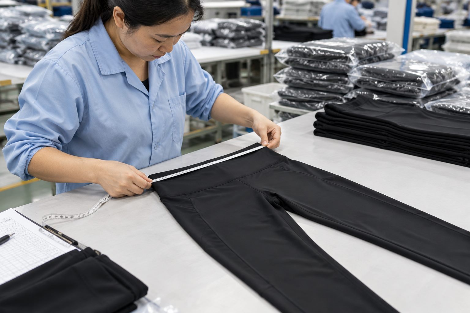Inspector measuring finished leggings at a factory table