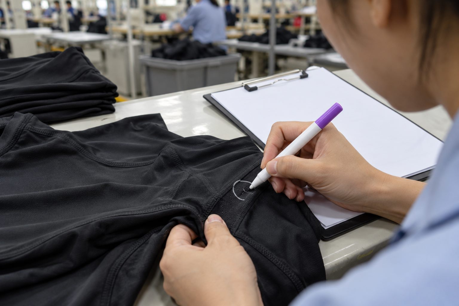 Inspector marking a seam defect for follow-up