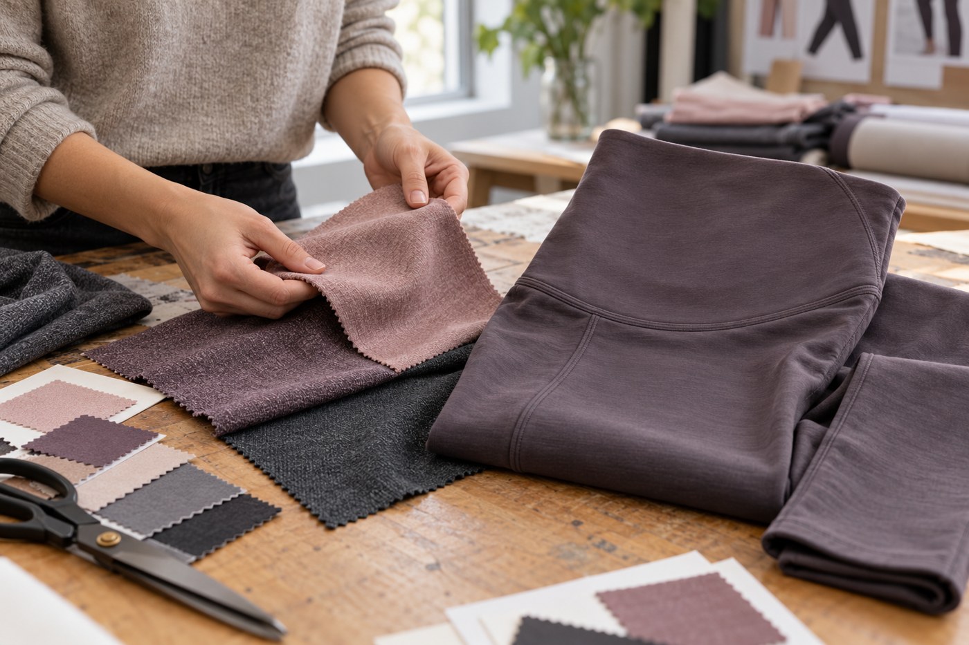 Hands comparing stretch-knit swatches beside maternity leggings on a textile sampling table