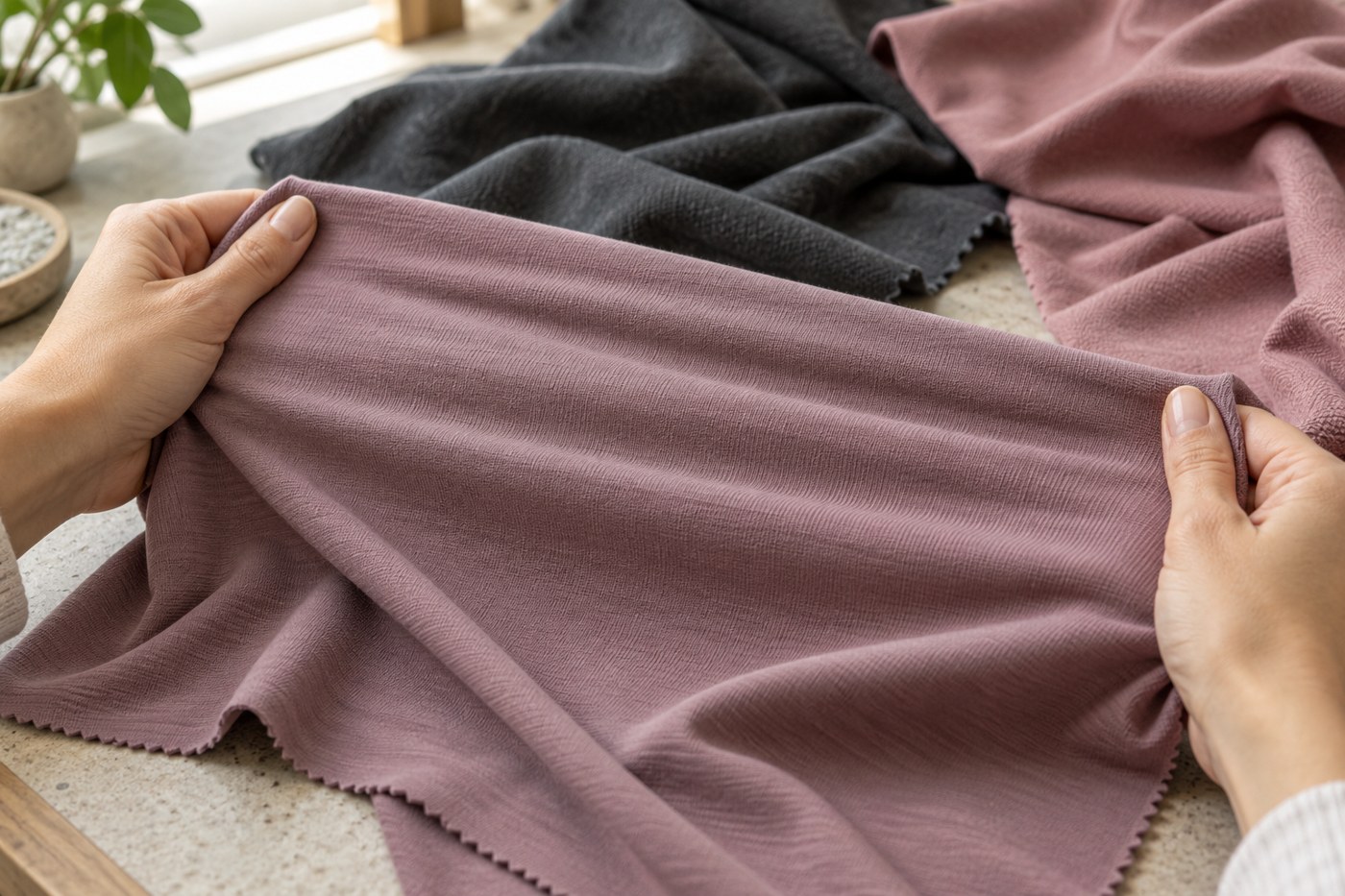 Hands gently stretching mauve knitted fabric to illustrate stretch and surface texture