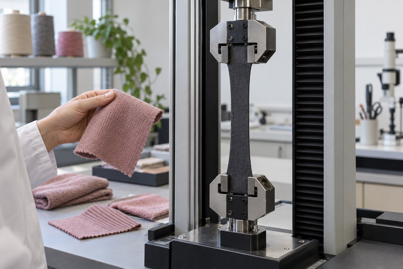 Stretch-knit specimen between aligned grips at an illustrative textile testing workstation