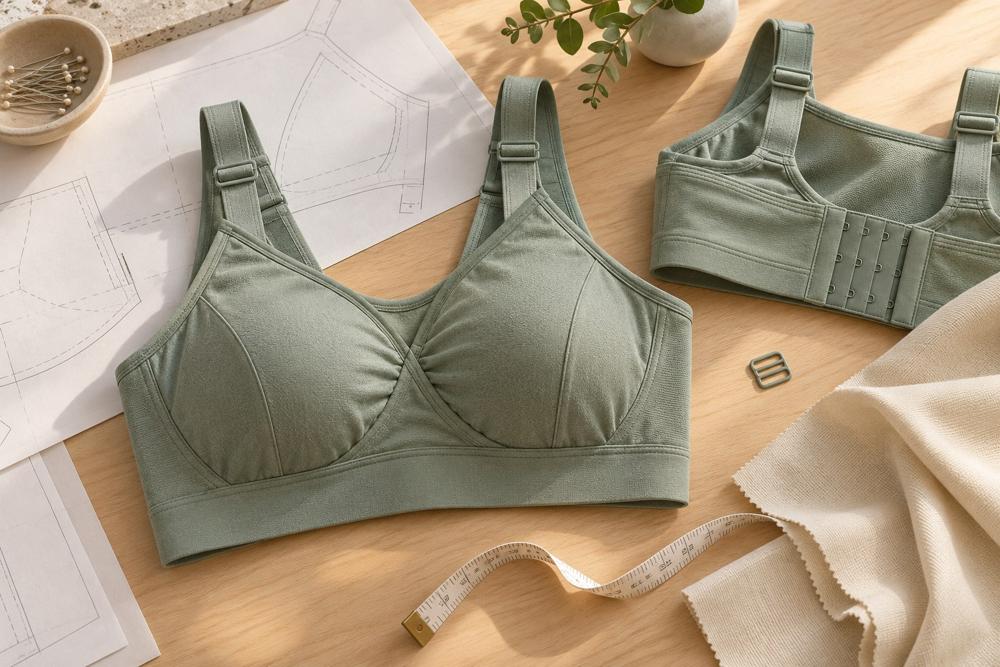 AI concept of a sage maternity sports bra prototype, fabric swatches and measuring tools on a development desk