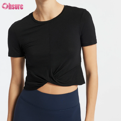 Custom Womens Tie Up Cropped Tee Manufacturer | Summer Short Sleeve Bamboo Spandex Women's Cover Twist Hem Crop Yoga T Shirt OEM Factory