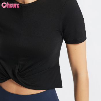 Custom Womens Tie Up Cropped Tee Manufacturer | Summer Short Sleeve Bamboo Spandex Women's Cover Twist Hem Crop Yoga T Shirt OEM Factory