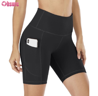 Custom Women's Biker Shorts Manufacturer | Tummy Control High Waist Compression Womens Biker Shorts with Pockets Nylon Blend Yoga Shorts Screen Print Workout Fitness Shorts OEM Factory