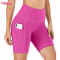 Custom Women's Biker Shorts Manufacturer | Tummy Control High Waist Compression Womens Biker Shorts with Pockets Nylon Blend Yoga Shorts Screen Print Workout Fitness Shorts OEM Factory