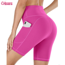Custom Women's Biker Shorts Manufacturer | Tummy Control High Waist Compression Womens Biker Shorts with Pockets Nylon Blend Yoga Shorts Screen Print Workout Fitness Shorts OEM Factory