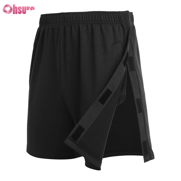 Custom Men's Tear Away Shorts Manufacturer | Men's High Split Snap Button Tear Away Shorts Casual Wide Leg Loose Fit with Pockets Surgery Adaptive Shorts For Men OEM Factory