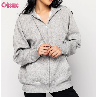 Custom Womens Loose Fit Jacket Manufacturer | Women's Fleece Cotton Oversized Long Sleeve Workout Full Zip Up Sweatshirt with Hooded Runnning Jacket OEM Supplier
