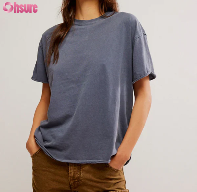 Custom Women's Regular Fit T Shirt Manufacturer | Women's Acid Washed Vintage Roll Sleeves Casual T Shirt Crew Neck Special Back Line Design Summer Breathable Street T Shirt Women Sports T Shirt OEM China Supplier