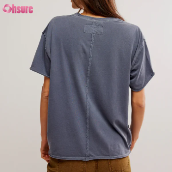 Custom Women's Regular Fit T Shirt Manufacturer | Women's Acid Washed Vintage Roll Sleeves Casual T Shirt Crew Neck Special Back Line Design Summer Breathable Street T Shirt Women Sports T Shirt OEM China Supplier