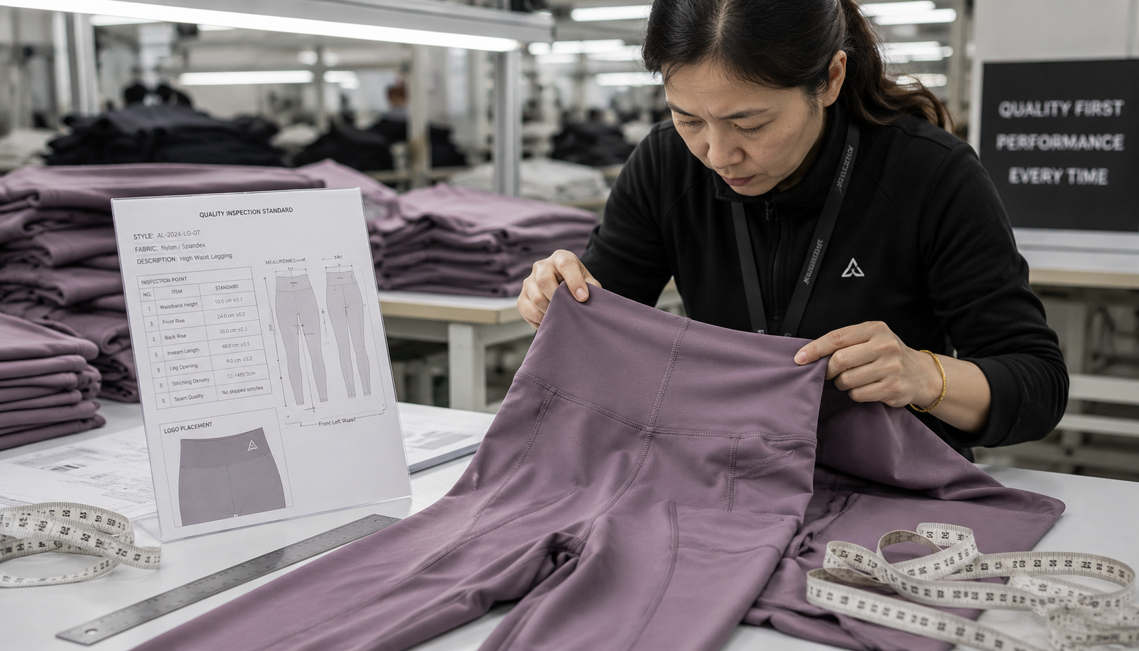Yoga leggings quality control inspection in activewear factory