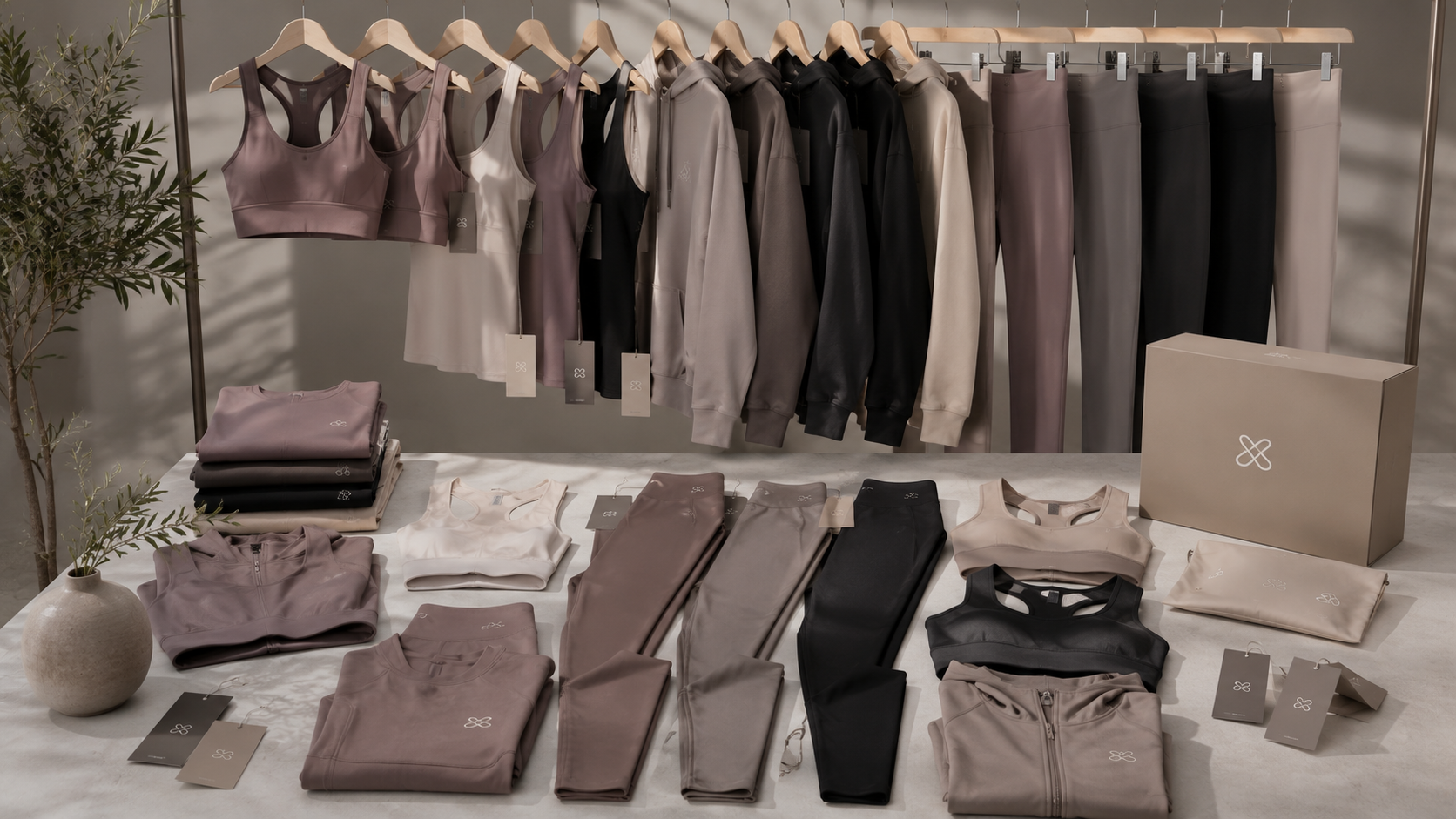 Private label activewear collection with leggings sports bras and packaging