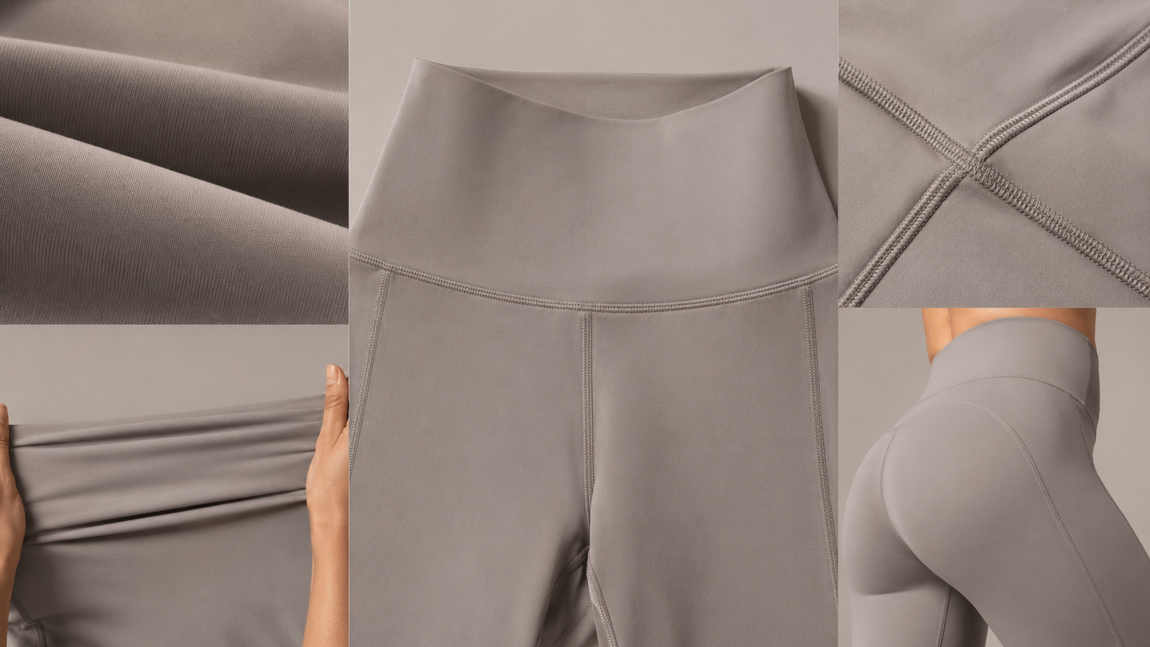 Premium yoga leggings fabric texture waistband stitching and activewear construction detail