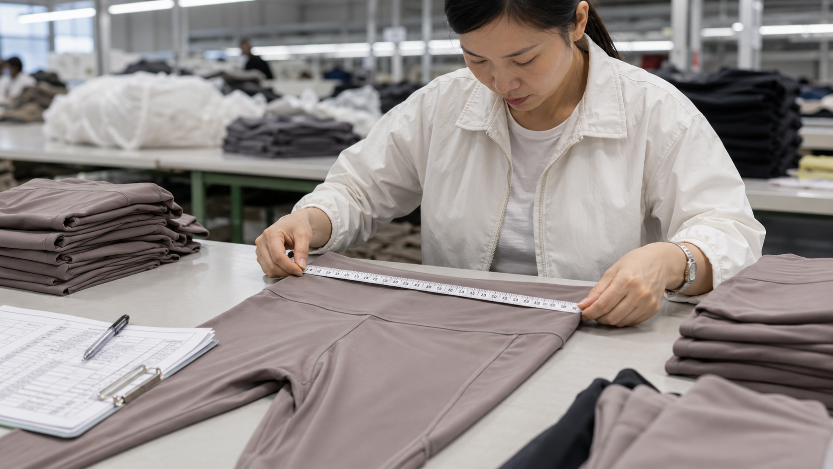 Activewear quality control inspection for high waisted yoga leggings manufacturing