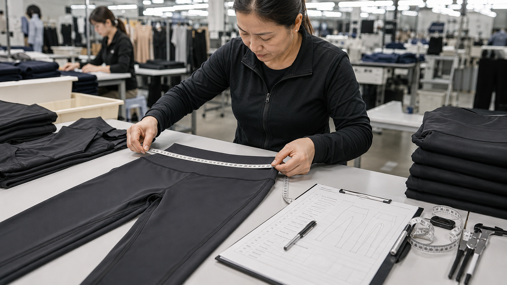 Yoga leggings quality control inspection in activewear factory