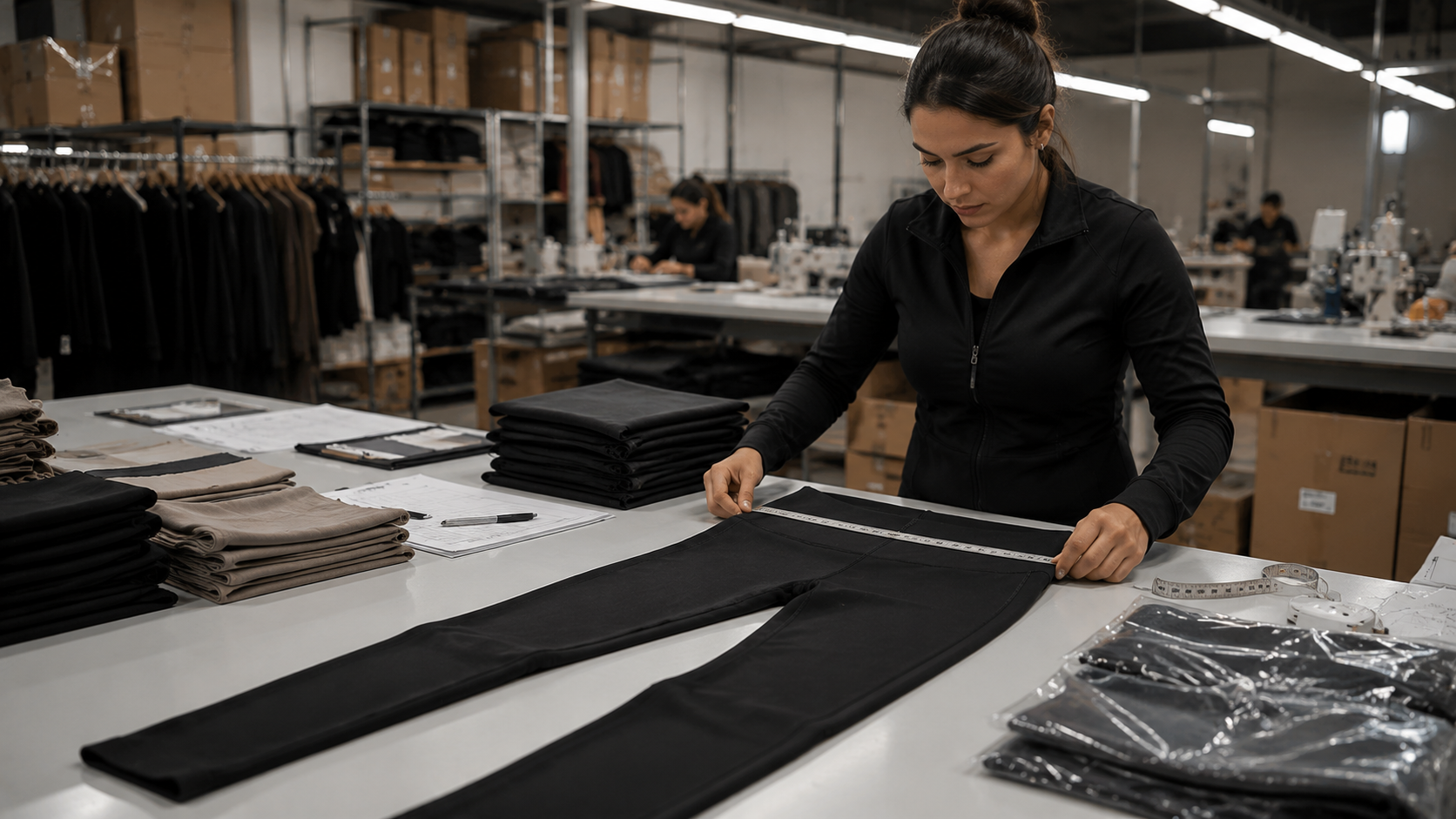 Workout leggings quality control inspection in activewear factory