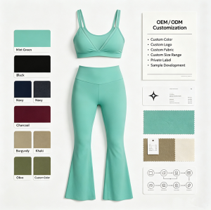 Custom OEM/ODM Women's Mint Green 2-Piece Yoga Set | High-Waist Flare Leggings & Double Shoulder Strap V-Neck Sports Bra