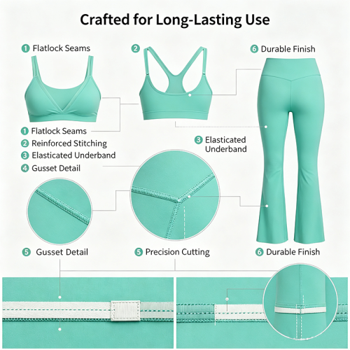 Custom OEM/ODM Women's Mint Green 2-Piece Yoga Set | High-Waist Flare Leggings & Double Shoulder Strap V-Neck Sports Bra