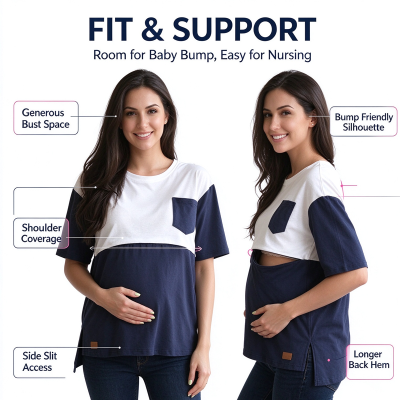 Custom Womens Nursing T Shirt Manufacturer | Bamboo Spandex Womens Breastfeeding Maternity Nursing T Shirt Factory