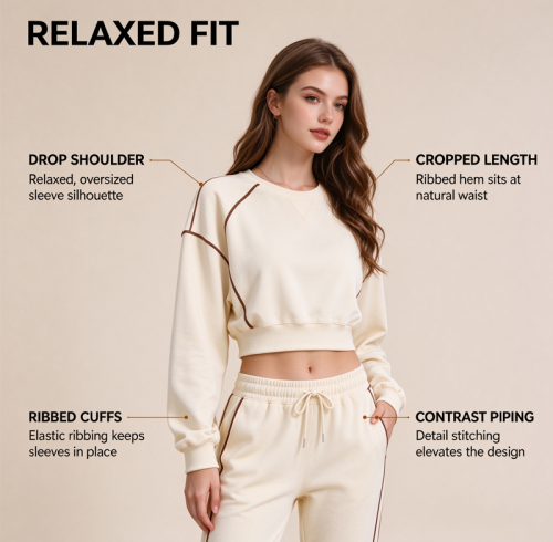 Custom Women's Cropped Sweatshirt Manufacturer | Oversized Drop Shoulder Contrast Stitching Pullover OEM & Private Label