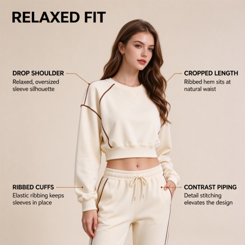 Custom Women's Cropped Sweatshirt Manufacturer | Oversized Drop Shoulder Contrast Stitching Pullover OEM & Private Label