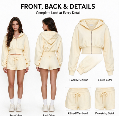 Custom Women's Cropped Zip-Up Hoodie and Shorts Set | OEM Private Label Manufacturer