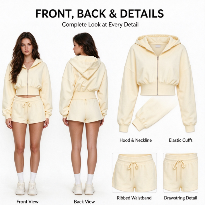 Custom Women's Cropped Zip-Up Hoodie and Shorts Set | OEM Private Label Manufacturer