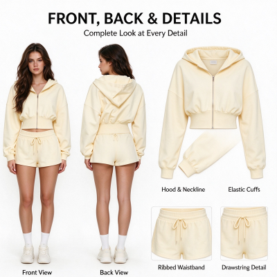 Custom Women's Cropped Zip-Up Hoodie and Shorts Set | OEM Private Label Manufacturer