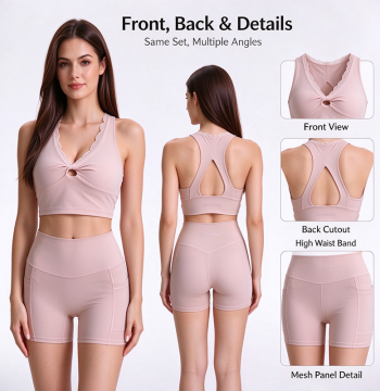 Custom Women's Lace Trim Sports Bra & High Waisted Yoga Shorts Set | OEM Activewear Manufacturer