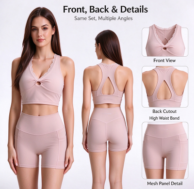 Custom Women's Lace Trim Sports Bra & High Waisted Yoga Shorts Set | OEM Activewear Manufacturer