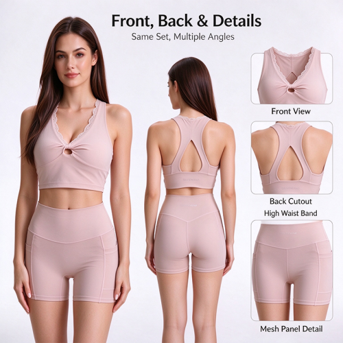 Custom Women's Lace Trim Sports Bra & High Waisted Yoga Shorts Set | OEM Activewear Manufacturer