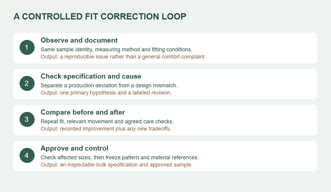 A CONTROLLED FIT CORRECTION LOOP: Observe and document; Check specification and cause; Compare before and after; Approve and control