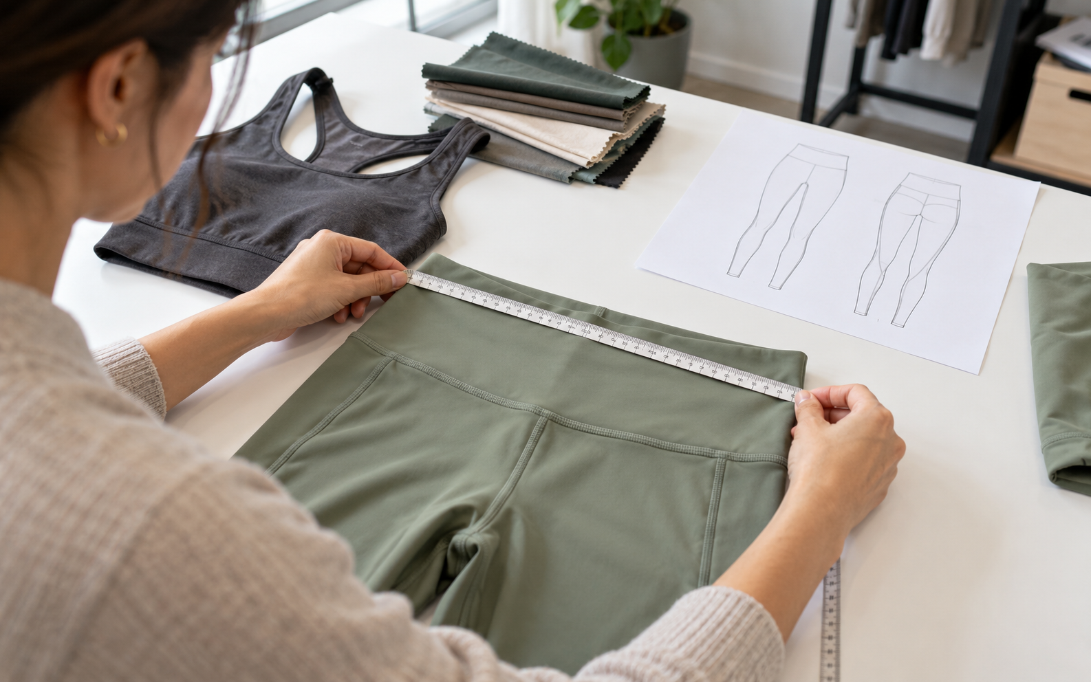 Quality reviewer measuring the waistband of a sage green activewear sample.