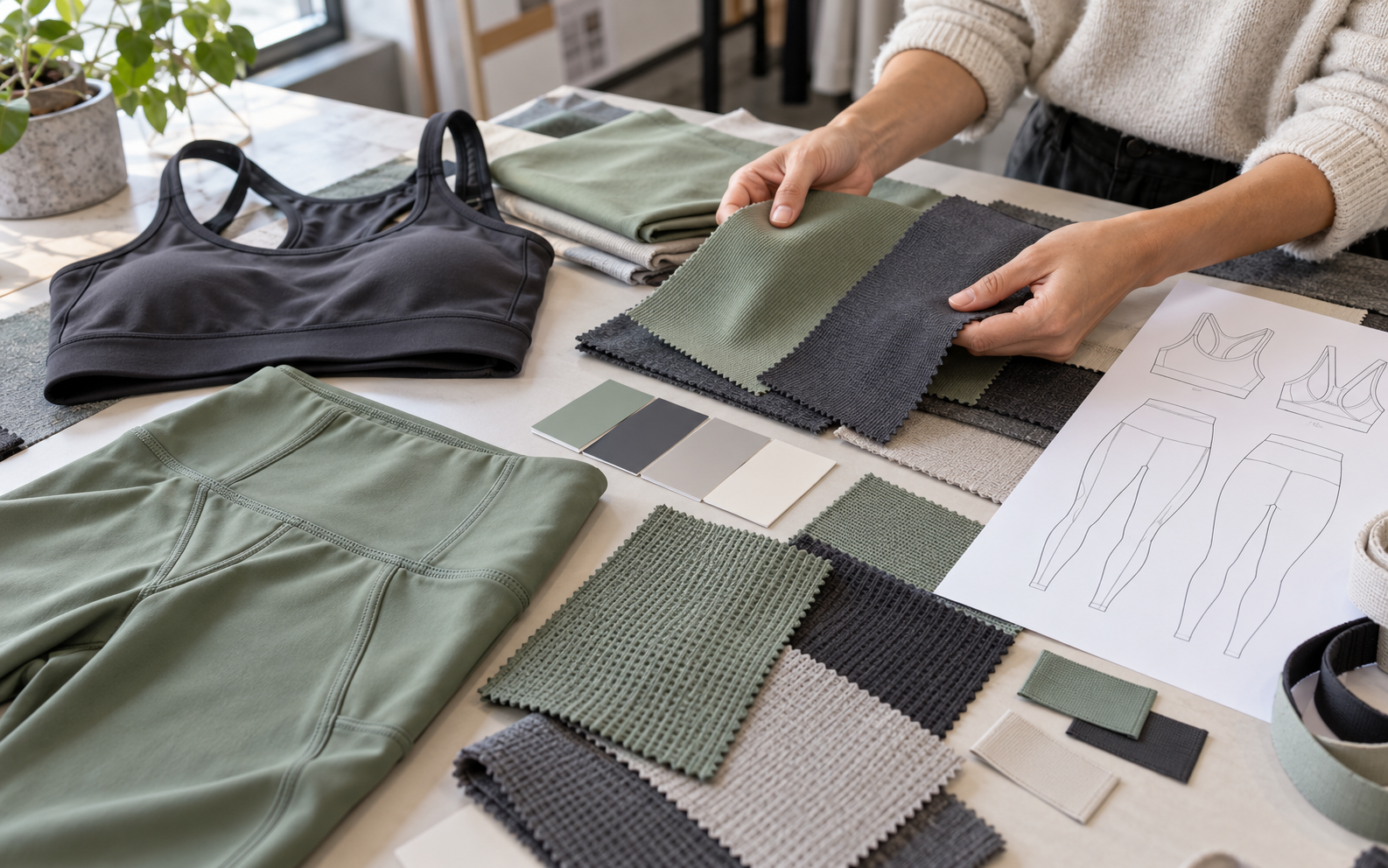 Activewear development table with fabric swatches, color references and garment sketches.