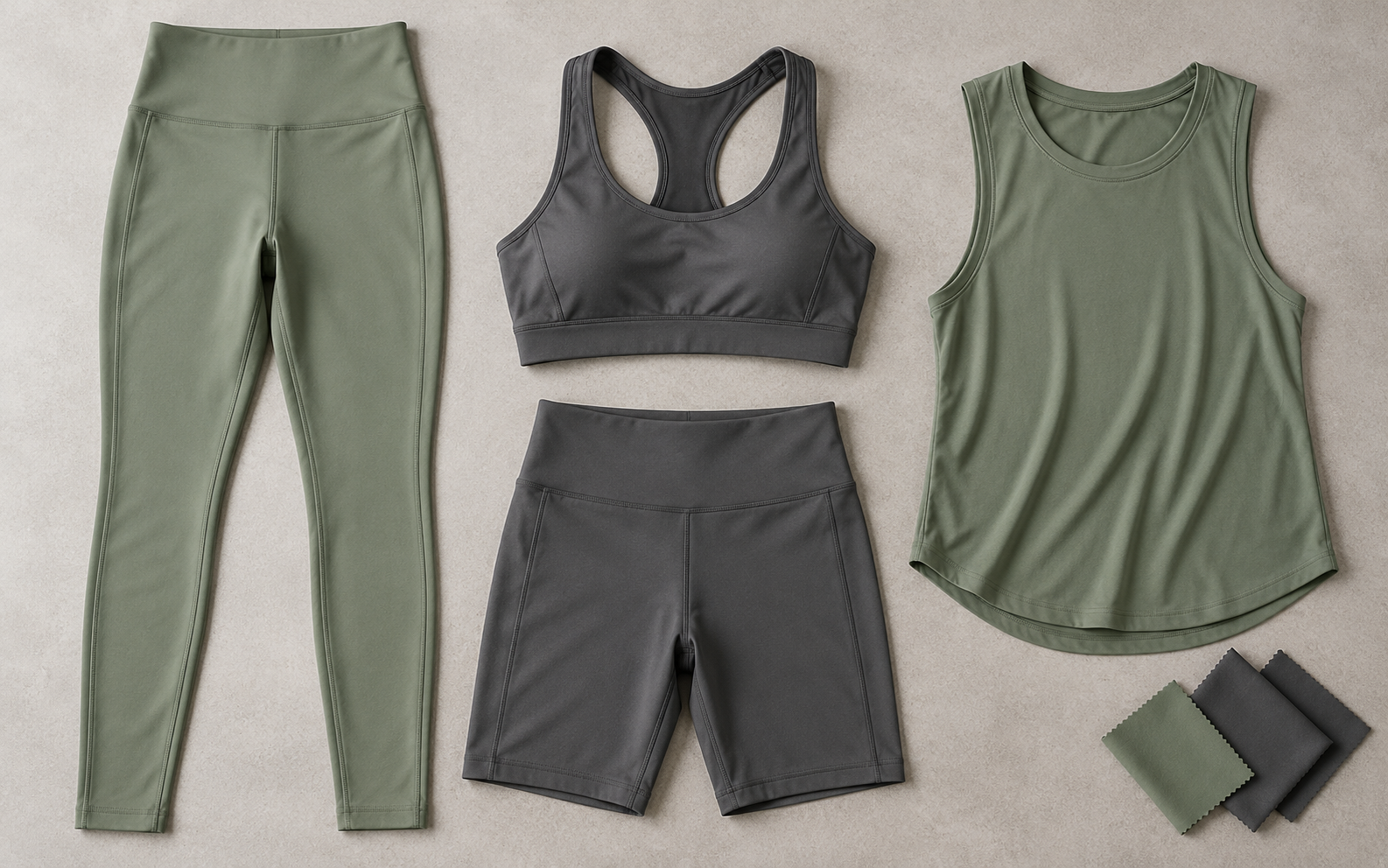 Private label activewear capsule collection with sage green leggings, charcoal sports bra, biker shorts and tank top.