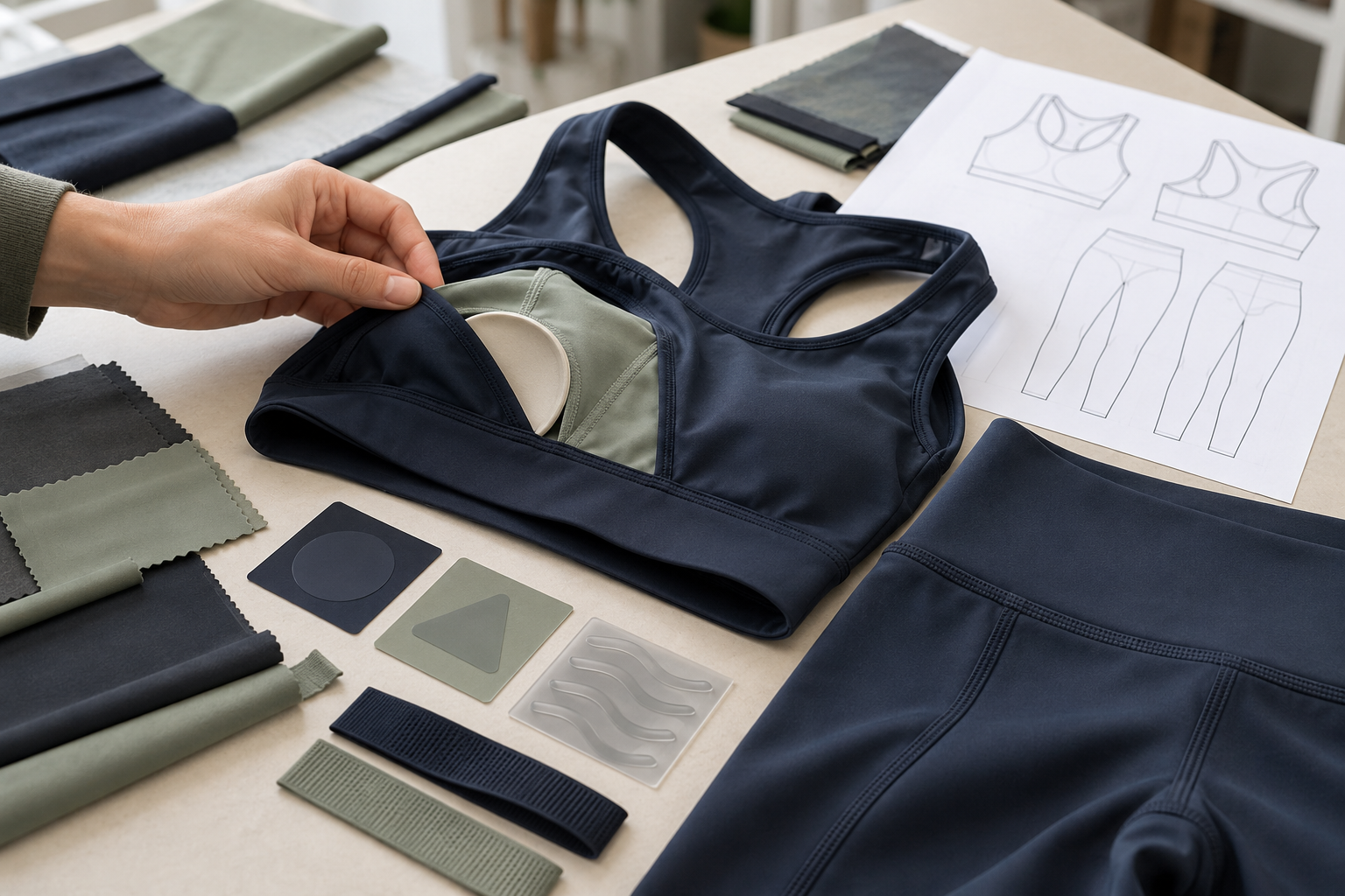 Activewear sample review with fabric swatches, logo applications, and garment construction details